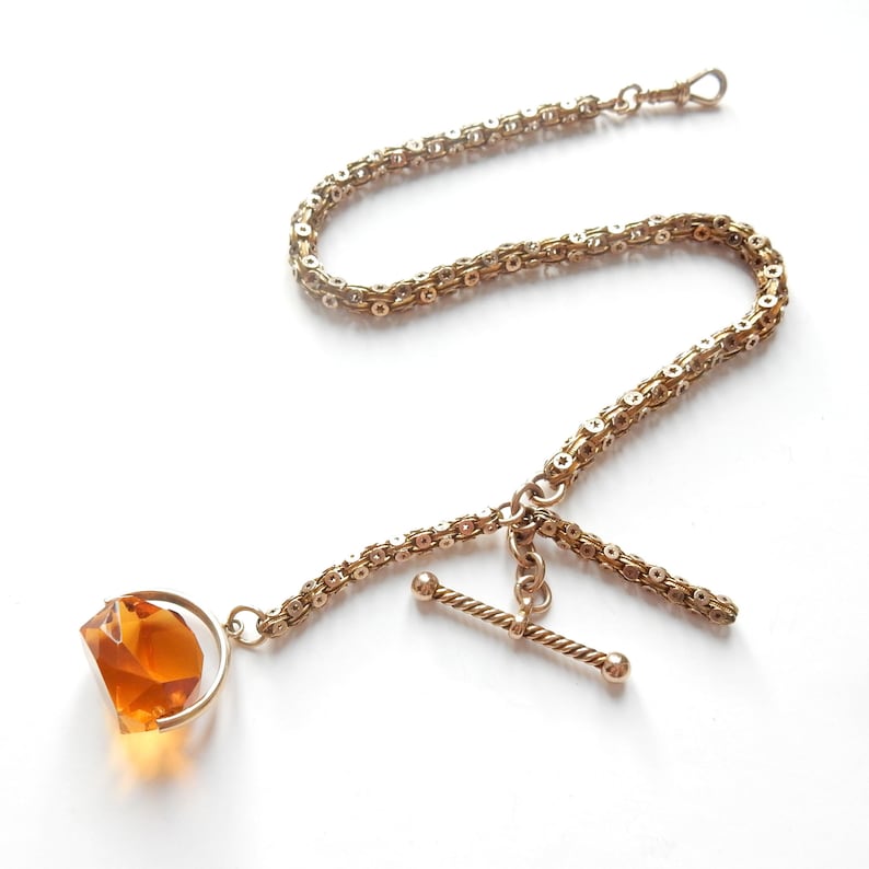 Antique Edwardian 9ct Gold Albert Watch Chain with T Bar & Amber Fob 11" (25.5grams)