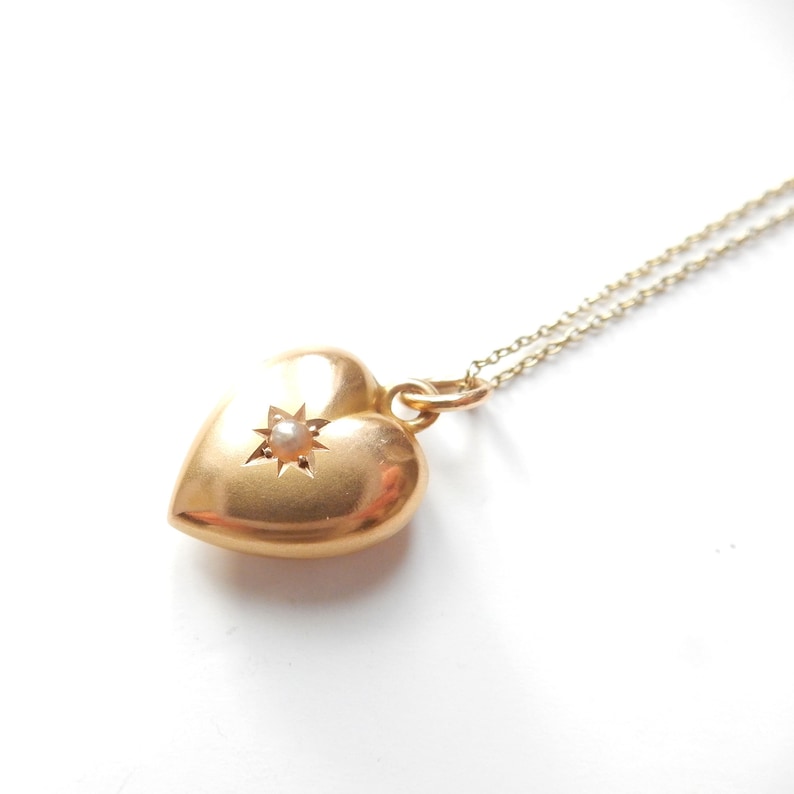 Antique 15ct Gold Seed Pearl Puffy Heart Celestial Charm & 15ct Gold Chain