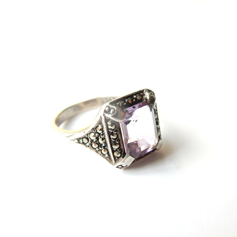Art Deco Sterling Silver Amethyst & Marcasite Ring US Size 7 1/4 UK P