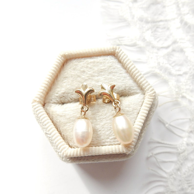 Vintage 9ct Gold Fleur Di Lis Pearl Drop Earrings