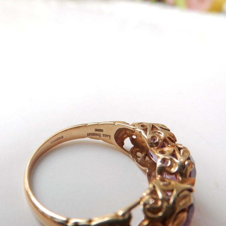 Vintage 9ct Gold Amethyst Three Stone Ring US Size 5.5 UK L 1/2
