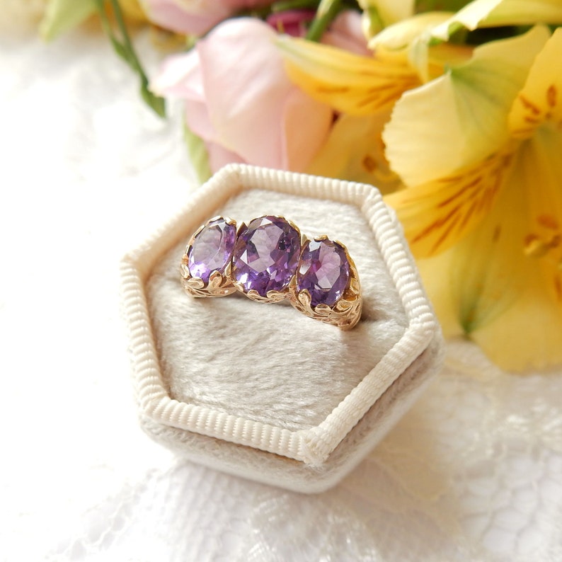 Vintage 9ct Gold Amethyst Three Stone Ring US Size 5.5 UK L 1/2