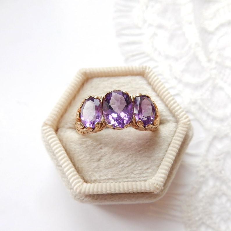 Vintage 9ct Gold Amethyst Three Stone Ring US Size 5.5 UK L 1/2