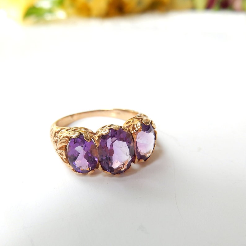 Vintage 9ct Gold Amethyst Three Stone Ring US Size 5.5 UK L 1/2
