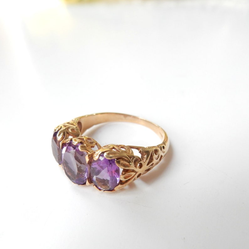 Vintage 9ct Gold Amethyst Three Stone Ring US Size 5.5 UK L 1/2