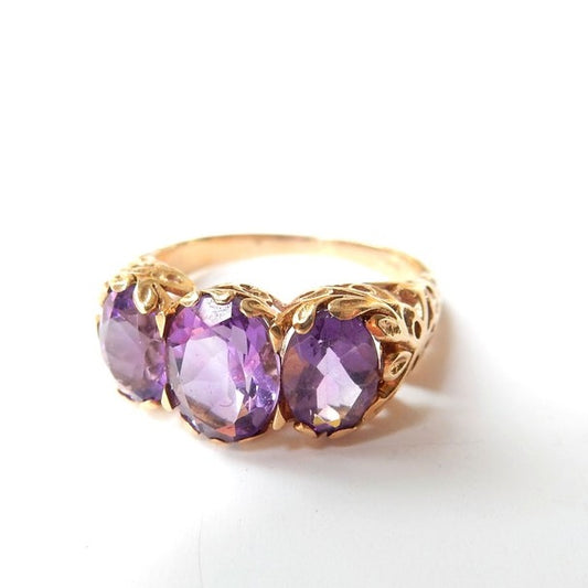 Vintage 9ct Gold Amethyst Three Stone Ring US Size 5.5 UK L 1/2