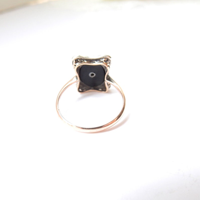 Antique 9ct Gold Silver Onyx & Diamond Ring US Size 5 1/4 UK L