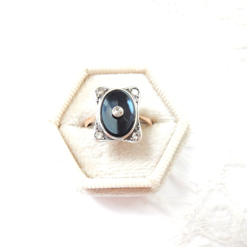 Antique 9ct Gold Silver Onyx & Diamond Ring US Size 5 1/4 UK L