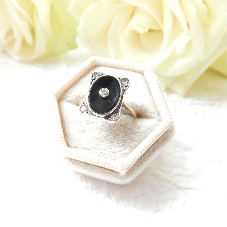 Antique 9ct Gold Silver Onyx & Diamond Ring US Size 5 1/4 UK L