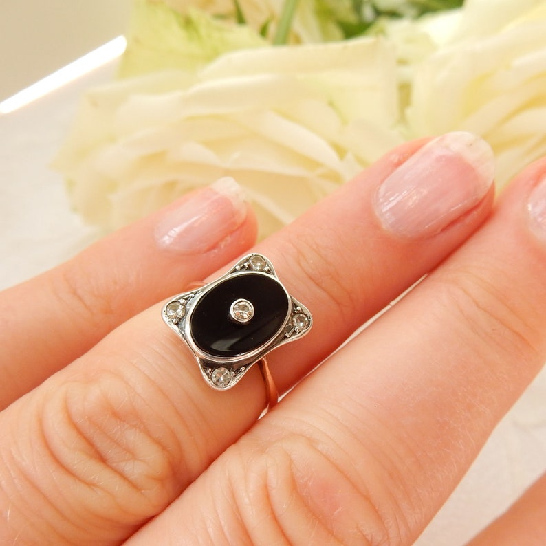Antique 9ct Gold Silver Onyx & Diamond Ring US Size 5 1/4 UK L