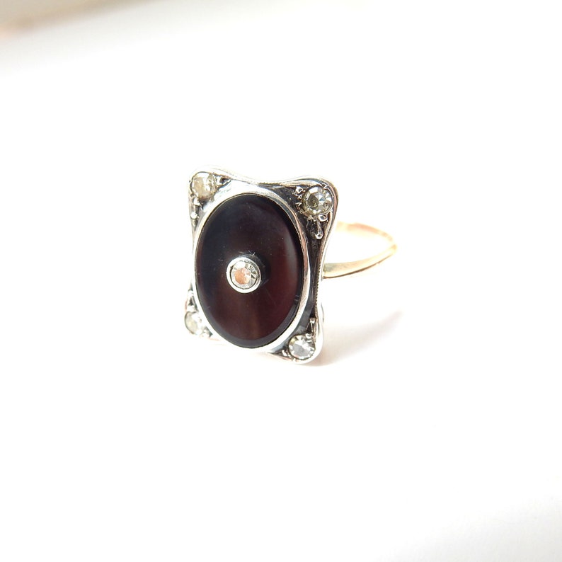 Antique 9ct Gold Silver Onyx & Diamond Ring US Size 5 1/4 UK L