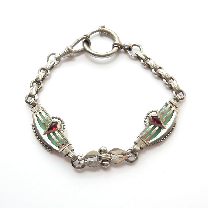Art Deco French Silverplated Albert Chain Watch Chain Bracelet with Dog Clip 9.5" (22.8grams)