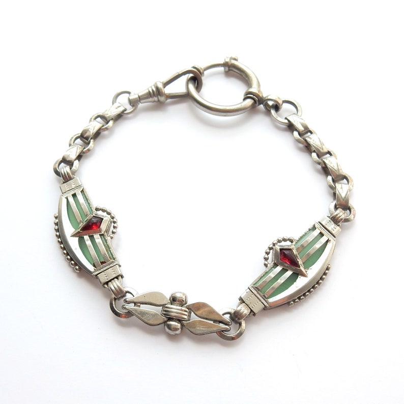 Art Deco French Silverplated Albert Chain Watch Chain Bracelet with Dog Clip 9.5" (22.8grams)