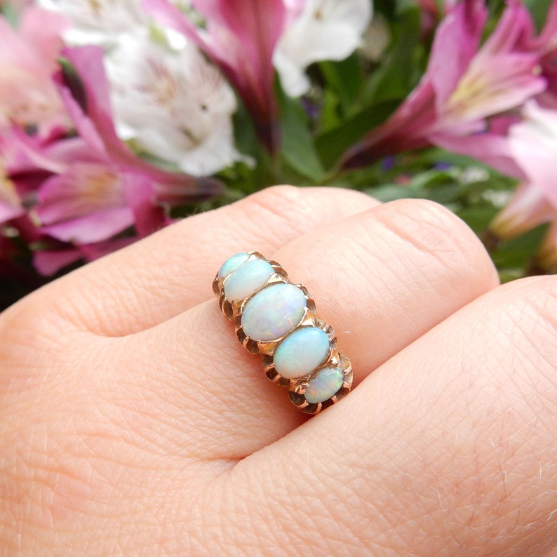 Antique Victorian 9ct Gold Opal Five Stone Ring US Size 6.5 UK N 1/2