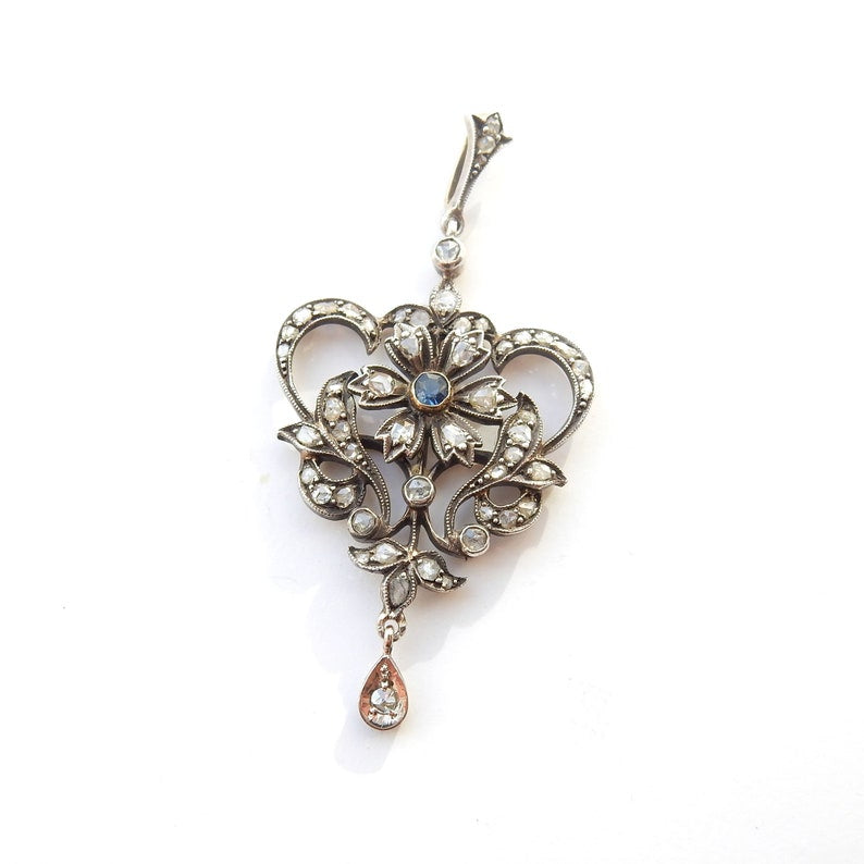 French Belle Epoch 9ct Gold & Silver Old Cut Diamond Sapphire Pendant