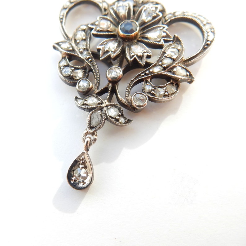 French Belle Epoch 9ct Gold & Silver Old Cut Diamond Sapphire Pendant