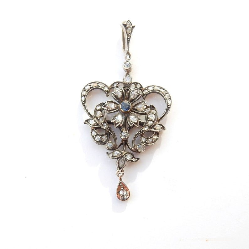 French Belle Epoch 9ct Gold & Silver Old Cut Diamond Sapphire Pendant