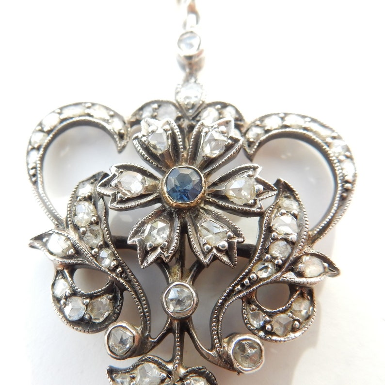 French Belle Epoch 9ct Gold & Silver Old Cut Diamond Sapphire Pendant