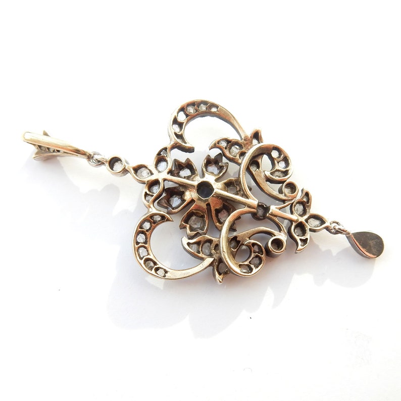 French Belle Epoch 9ct Gold & Silver Old Cut Diamond Sapphire Pendant