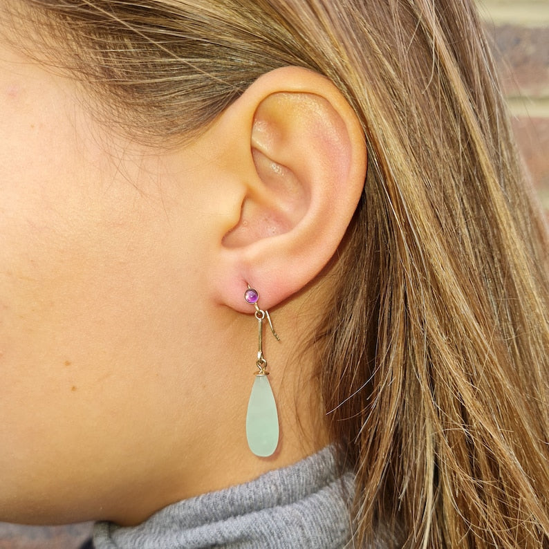 9k Gold Jade & Amethsyt Drop Earrings