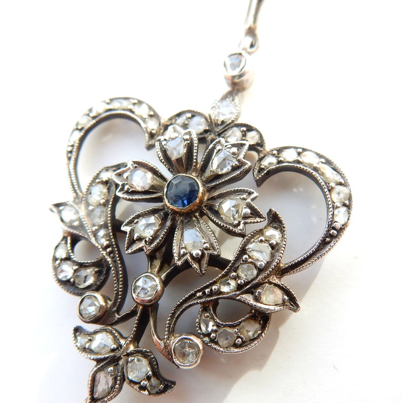 French Belle Epoch 9ct Gold & Silver Old Cut Diamond Sapphire Pendant