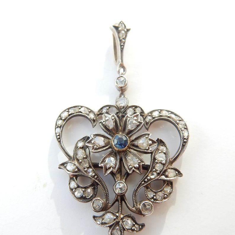 French Belle Epoch 9ct Gold & Silver Old Cut Diamond Sapphire Pendant