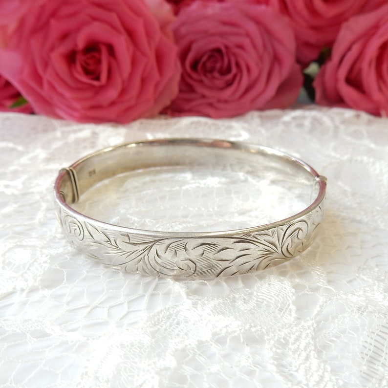 Vintage Sterling Silver Etched Bangle Bracelet Patented