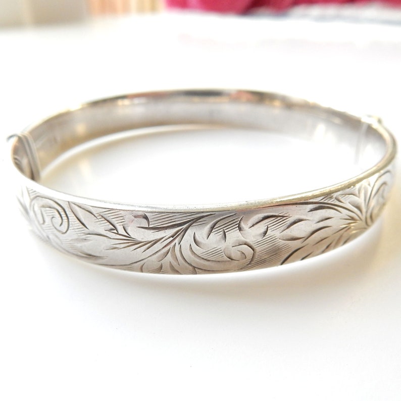 Vintage Sterling Silver Etched Bangle Bracelet Patented