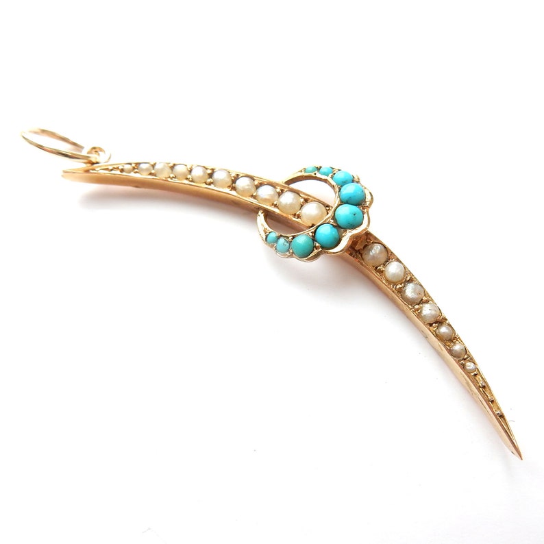 Antique 9ct Gold Seed Pearl Turquoise Moon Pendant (1.7grams)