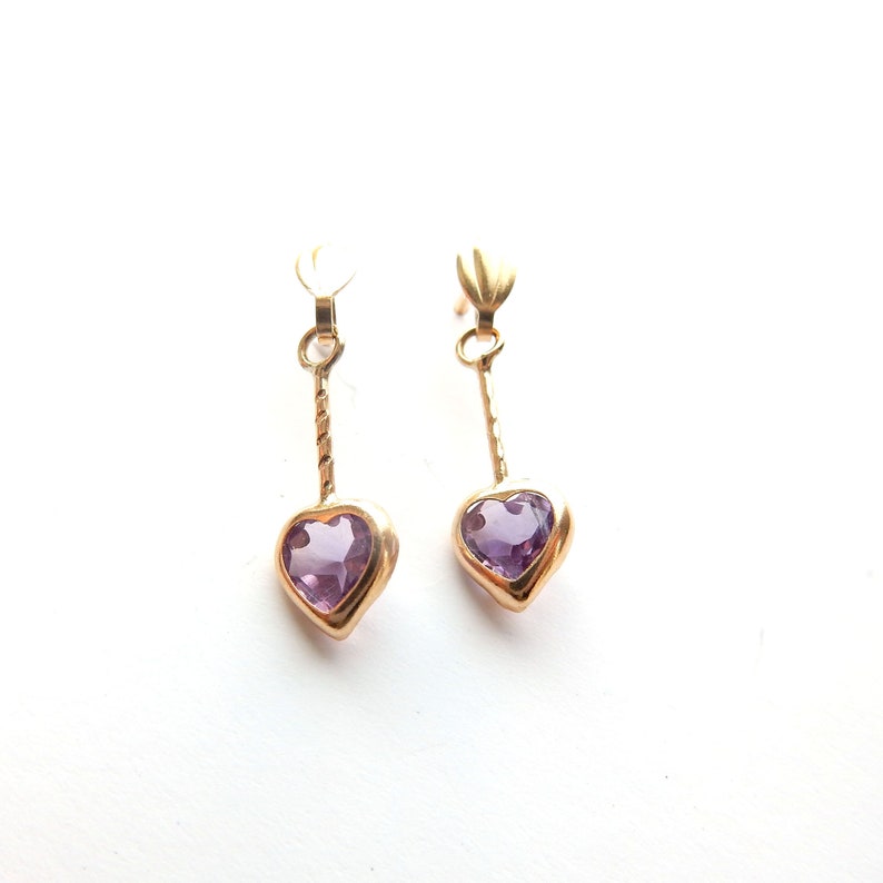 Dainty Vintage 9ct Gold Amethyst Heart Drop Earrings