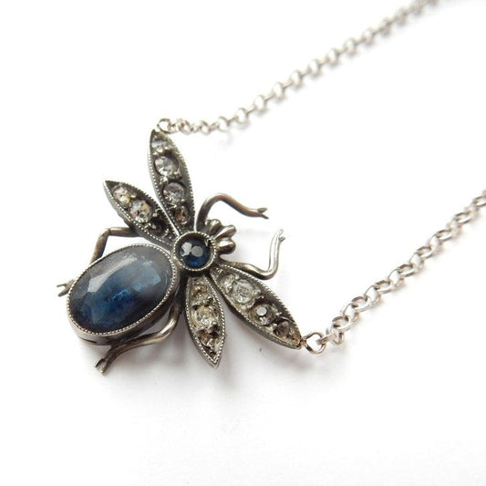 Edwardian Sterling Silver Blue Bug Necklace