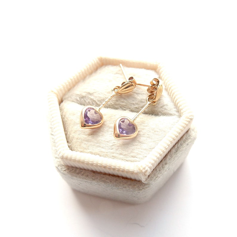 Dainty Vintage 9ct Gold Amethyst Heart Drop Earrings