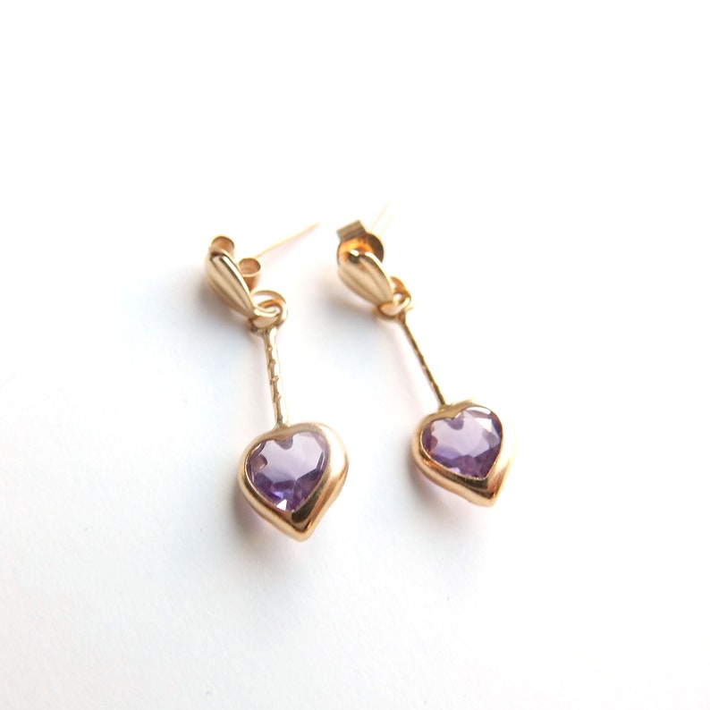 Dainty Vintage 9ct Gold Amethyst Heart Drop Earrings