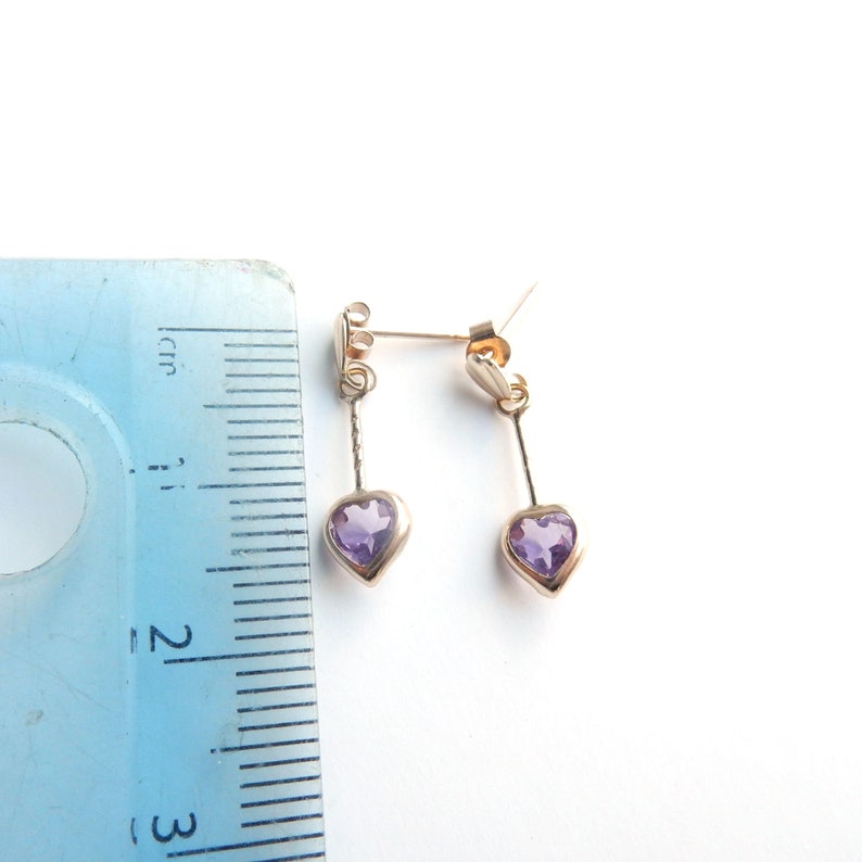 Dainty Vintage 9ct Gold Amethyst Heart Drop Earrings