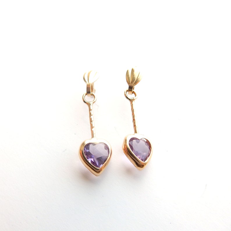 Dainty Vintage 9ct Gold Amethyst Heart Drop Earrings