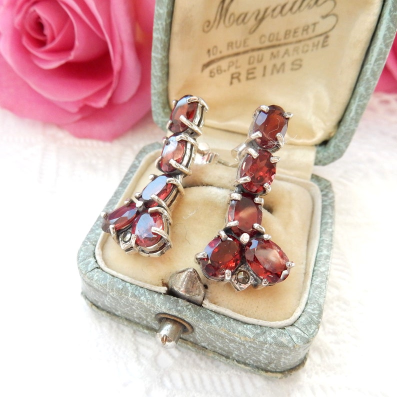 Vintage Sterling Silver Garnet Drop Earrings