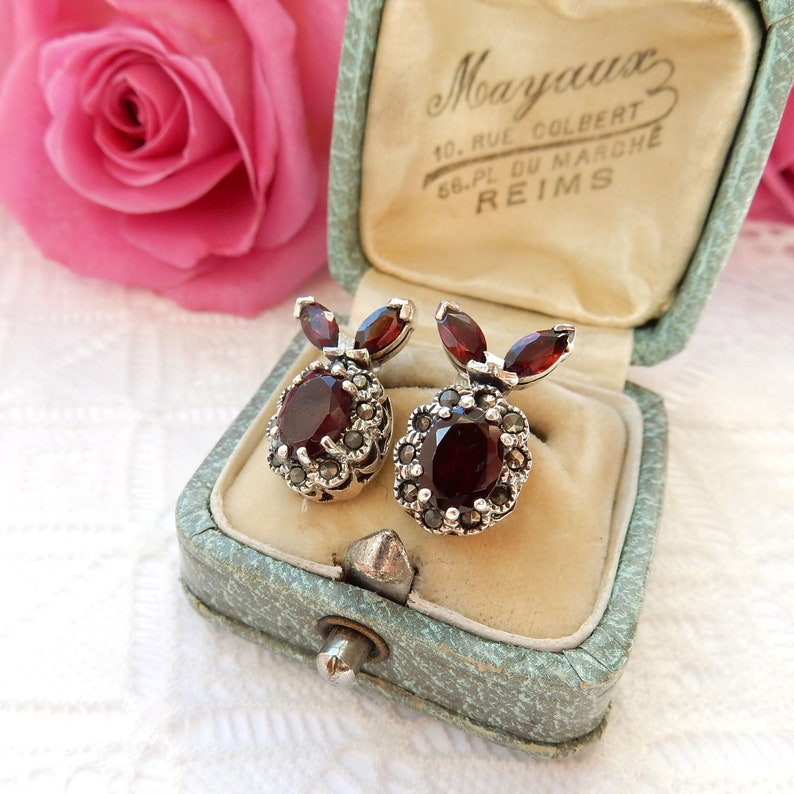 Vintage Sterling Silver Garnet Marcasite Earrings