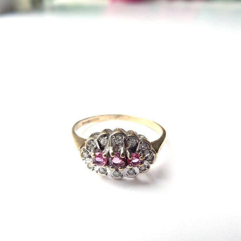 Antique 9ct Gold Ruby & Diamond Ring US Size 5 3/4 UK M