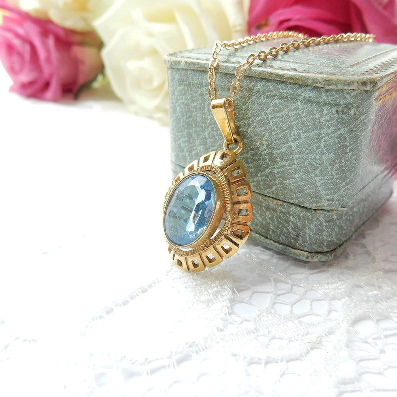 Vintage Rolled Gold Topaz Glass Paste Pendant Necklace