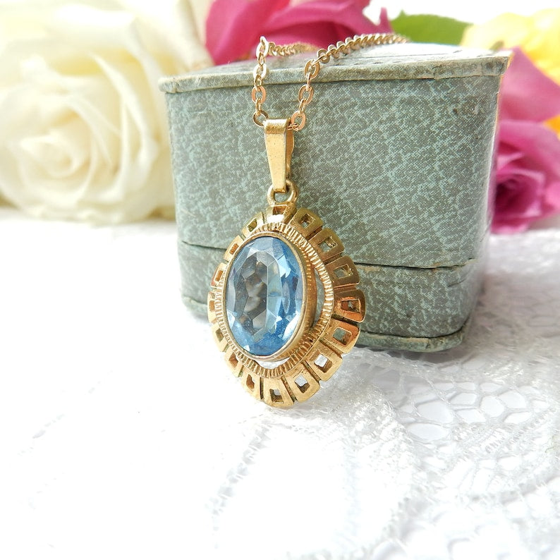 Vintage Rolled Gold Topaz Glass Paste Pendant Necklace