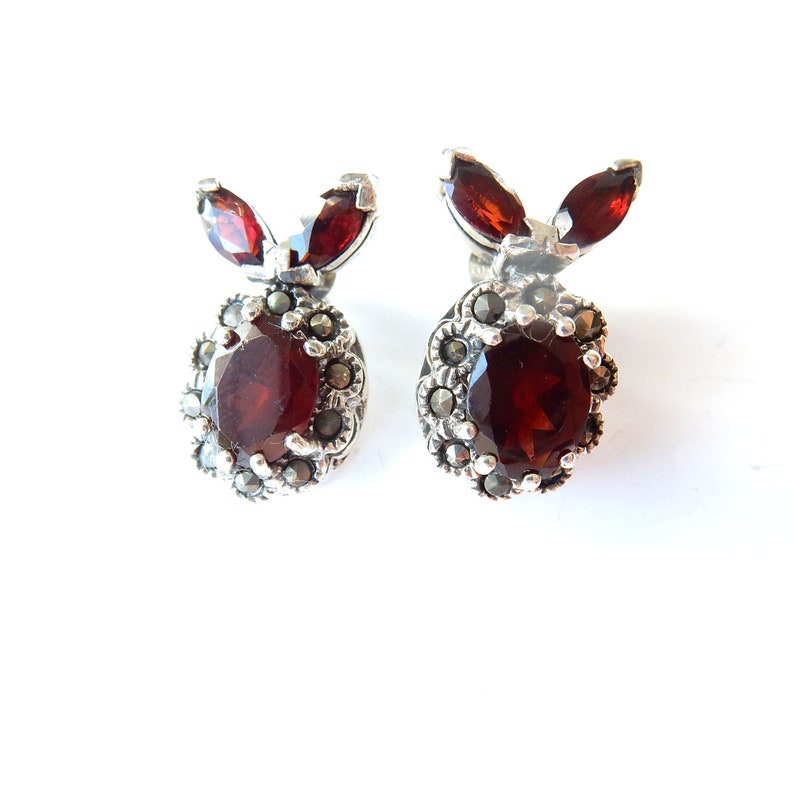 Vintage Sterling Silver Garnet Marcasite Earrings