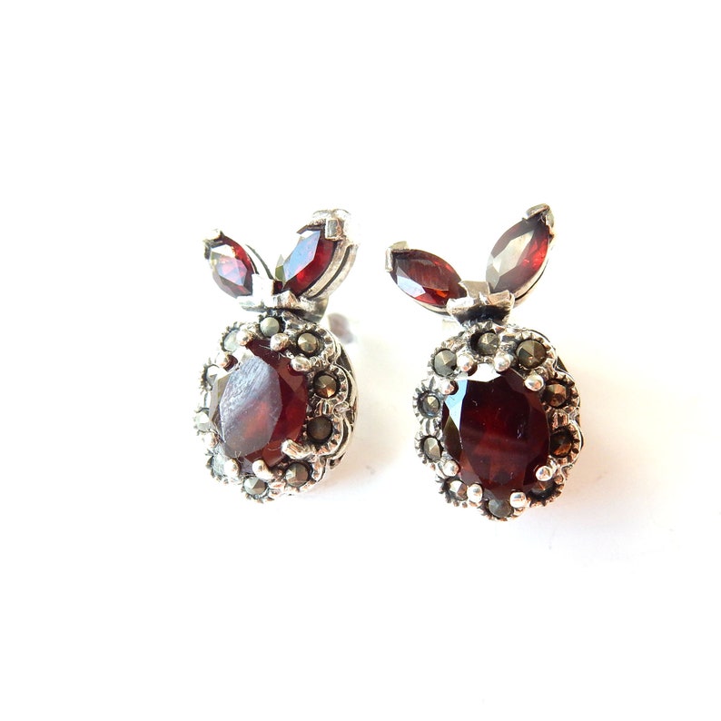 Vintage Sterling Silver Garnet Marcasite Earrings