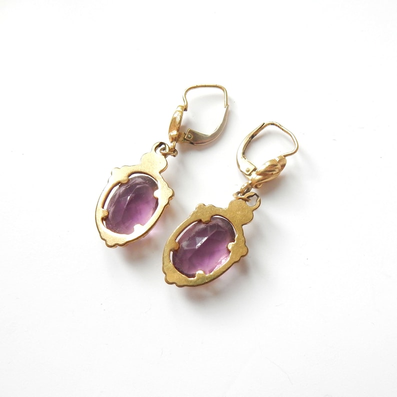 Vintage Rolled Gold Amethyst Glass Drop Earrings
