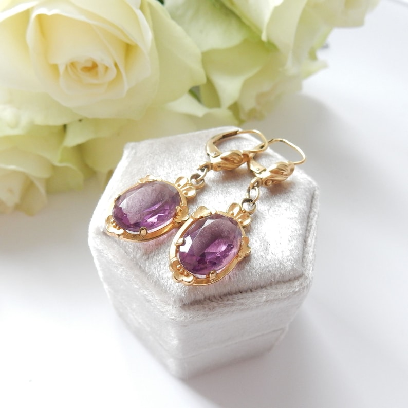 Vintage Rolled Gold Amethyst Glass Drop Earrings