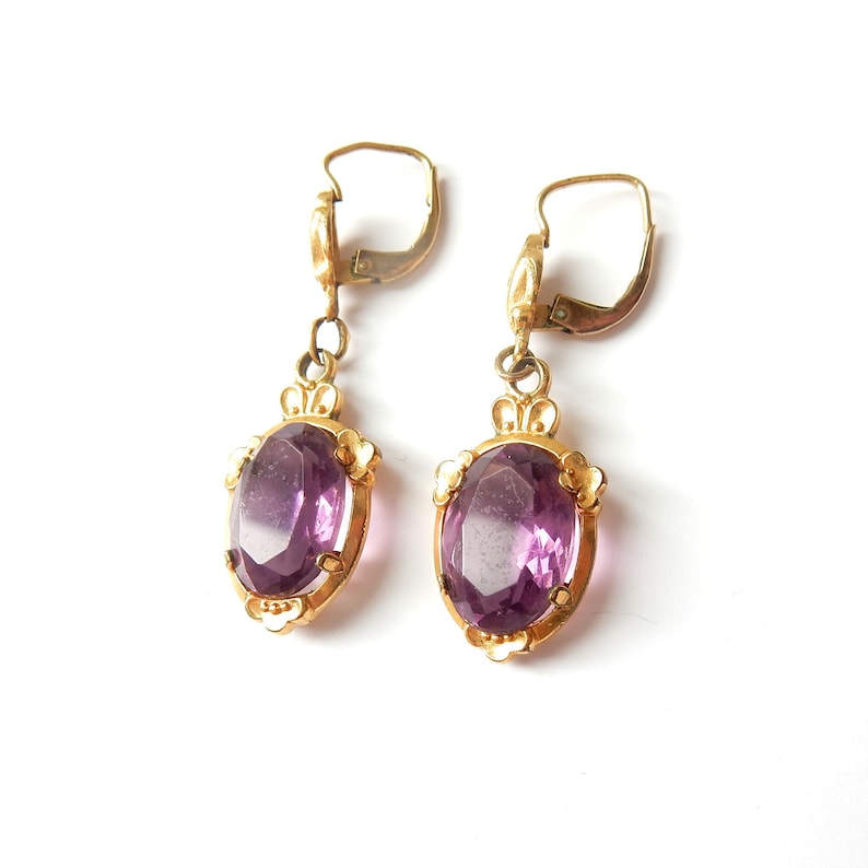 Vintage Rolled Gold Amethyst Glass Drop Earrings