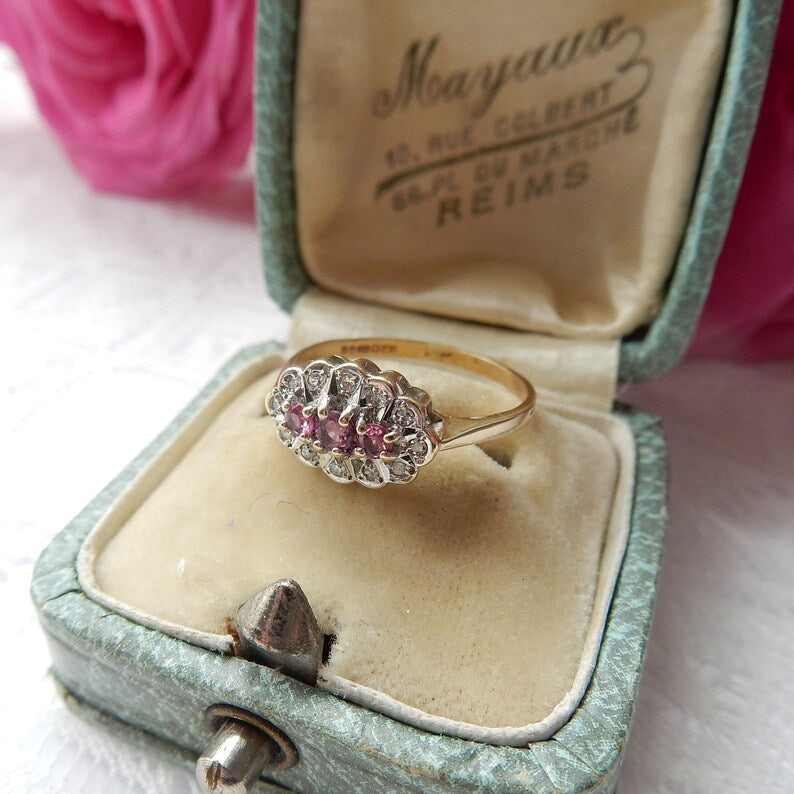 Antique 9ct Gold Ruby & Diamond Ring US Size 5 3/4 UK M
