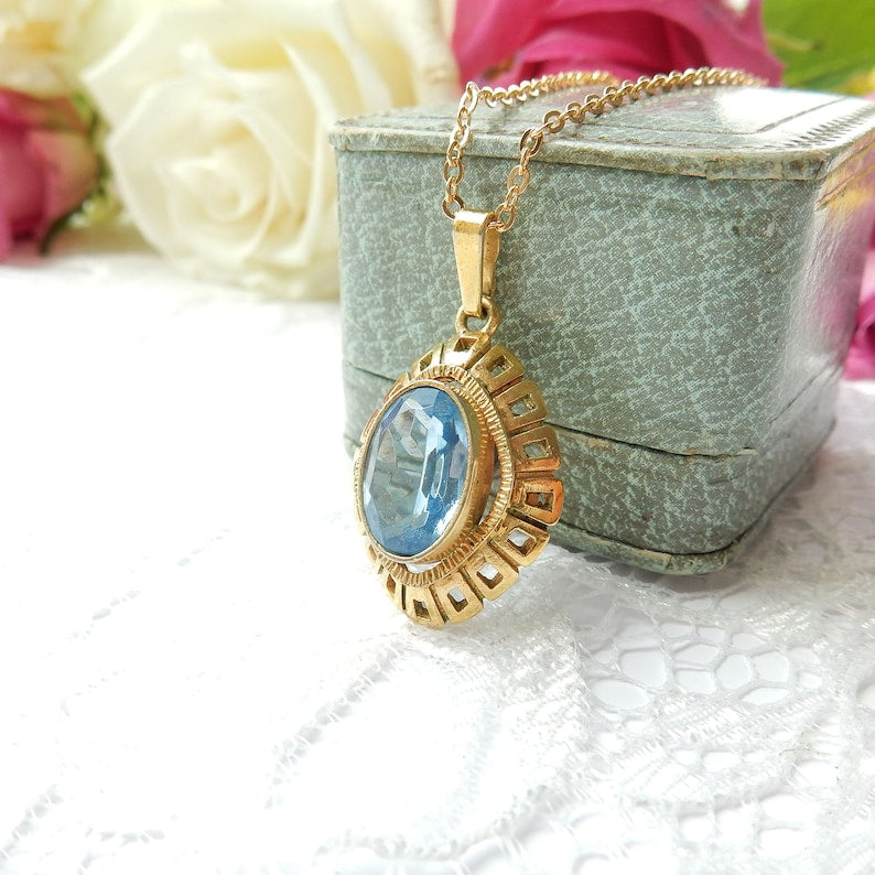 Vintage Rolled Gold Topaz Glass Paste Pendant Necklace