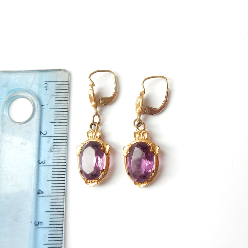 Vintage Rolled Gold Amethyst Glass Drop Earrings