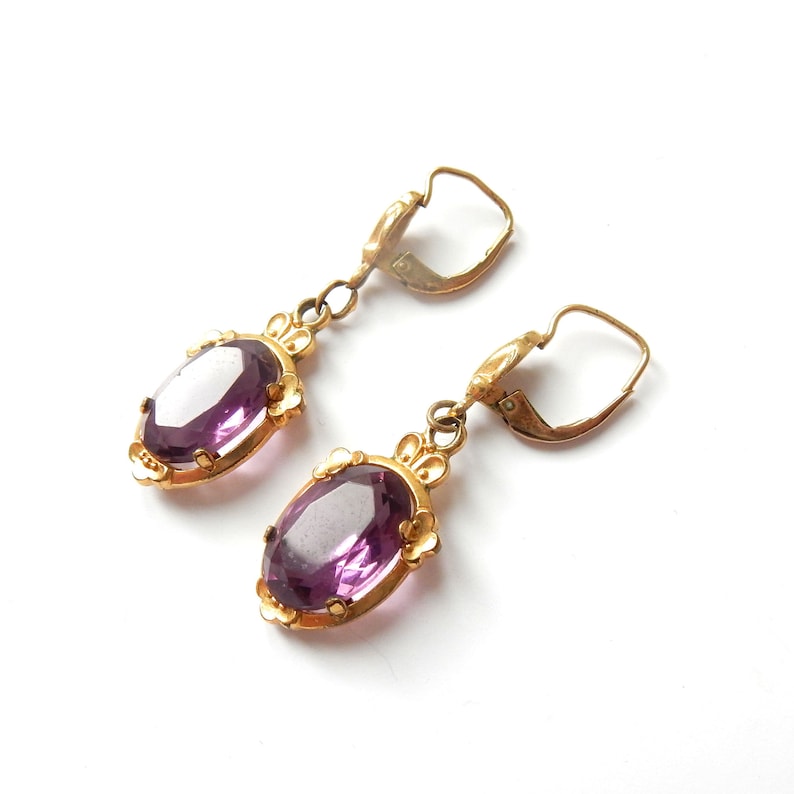 Vintage Rolled Gold Amethyst Glass Drop Earrings