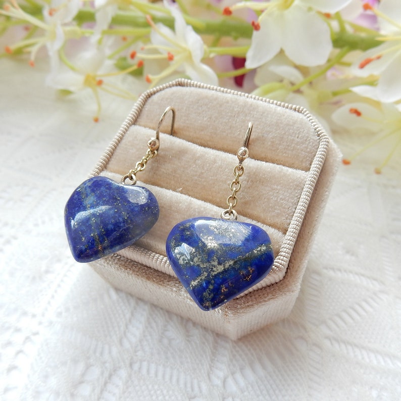 Vintage 9ct Gold Lapis Lazuli Heart Earrings